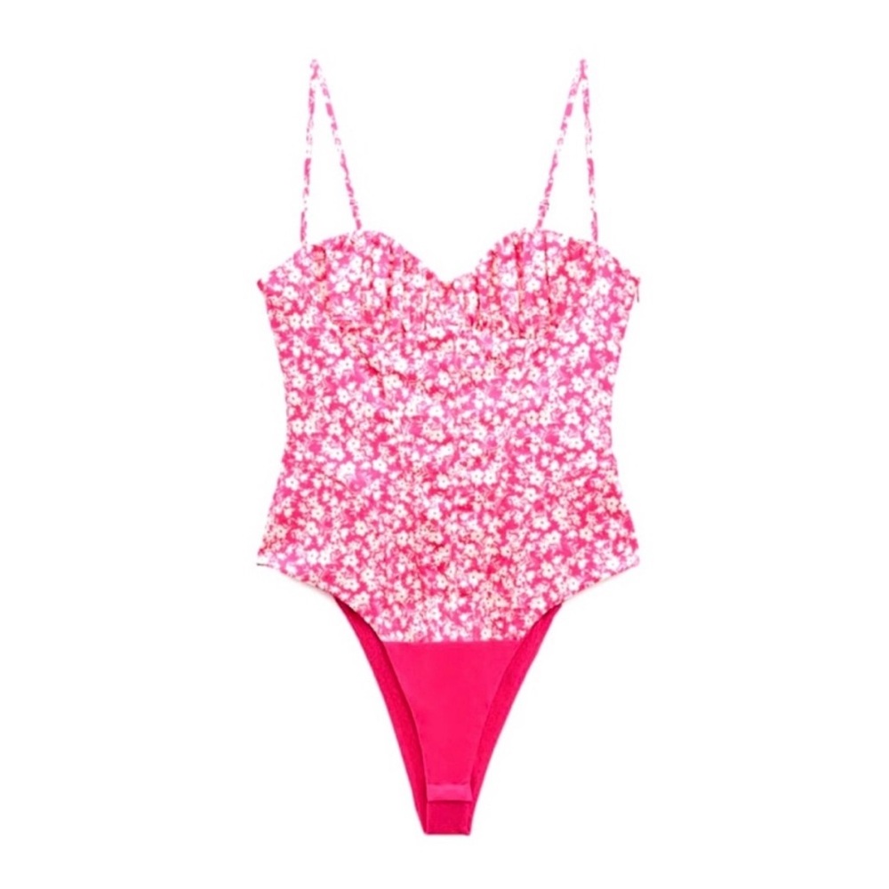 Zara Printed‎ Corset Bodysuit in Pink White Size Small - Picture 3 of 8